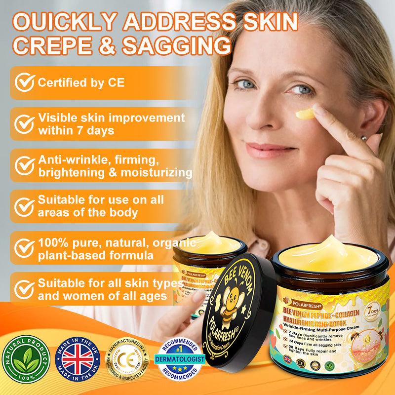 🔥 Made & Shipped from UK | Clinically Proven: PolarFresh® Bee Venom Wrinkle-Firming Multi-purpose Cream with bee venom peptides, botulinum toxin, hyaluronic acid, and collagen💧. Targets wrinkles, fine lines, sagging, stretch marks, dark spots and more